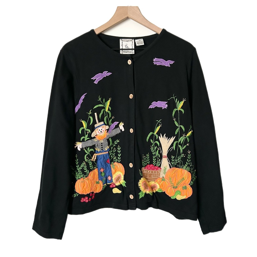 Michael Simon Lite Cardigan 100% Cotton Black Scarecrow Pumpkin Harvest Fall Med